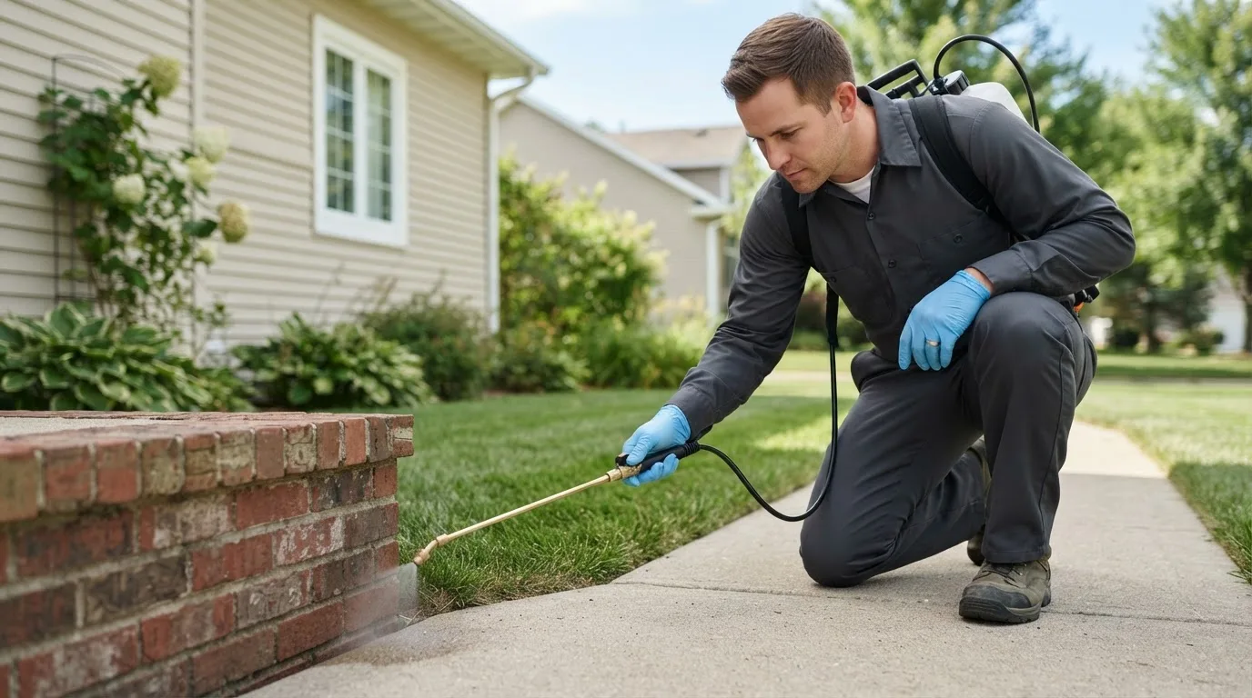 Pest control technician treating a home near Michigan City, IN